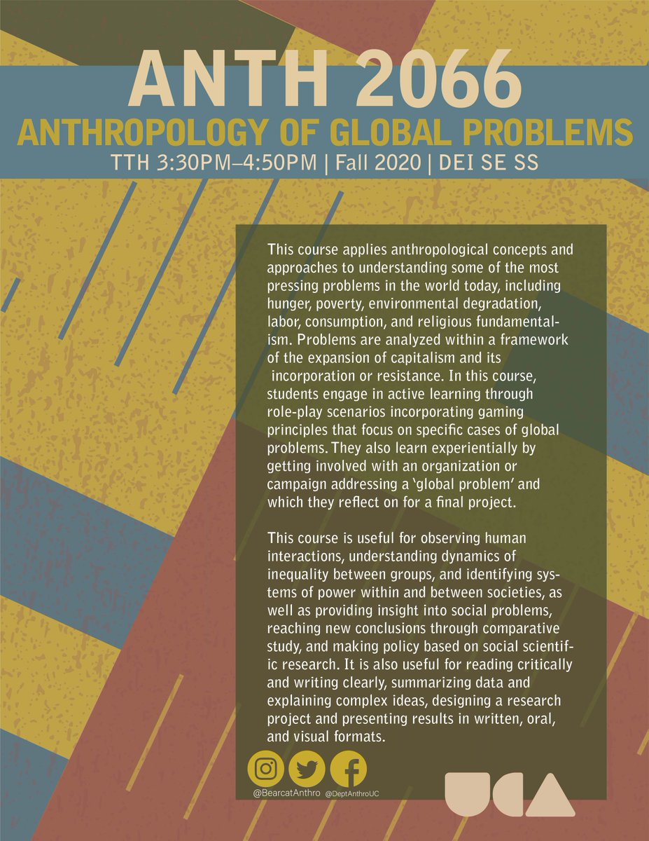 BearcatAnthro's tweet photo. 📓 FALL 2020 COURSE ALERT 📓
Calling all history & prehistory buffs!
#ANTH2016 Great Discoveries in Archaeology
#ANTH2018 New World Prehistory
#ANTH2066 Anthropology of Global Problems
#ANTH2068 Religion in Culture
#AnthMore https://t.co/9eA2maX0MK