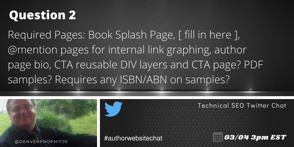 DenverProphitJr's tweet photo. Q2: What are some of the important pages an #author should consider in choosing a #template to drive traffic to their #WebsiteRank @DavidAmerland ? #authorwebsitechat https://t.co/1vhd9MNQCY