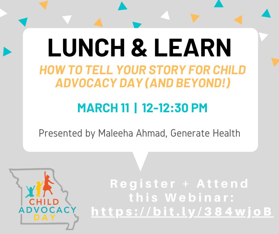 MOChildAdvocacy's tweet photo. Webinar NEXT WEEK! | March 11 | 12-12:30P
Learn how to tell your story to legislators on April 8 for  #MOCAD2020! REGISTER > https://t.co/8vUJS5H3xL Also GET REGISTERED for Child Advocacy Day > https://t.co/fY9G4NEdZr TY! #InvestinMOKids https://t.co/mRW8hbc6W9