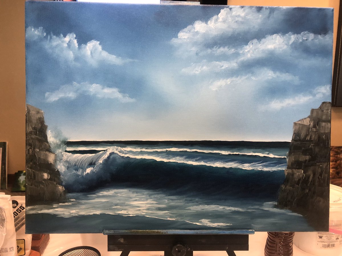 MelyndaE's tweet image. Done!! My first seascape with #SteveRoss and #DanaJester ! ❤️ #BobRoss #Painting #Seascape #Idontpaint Lol