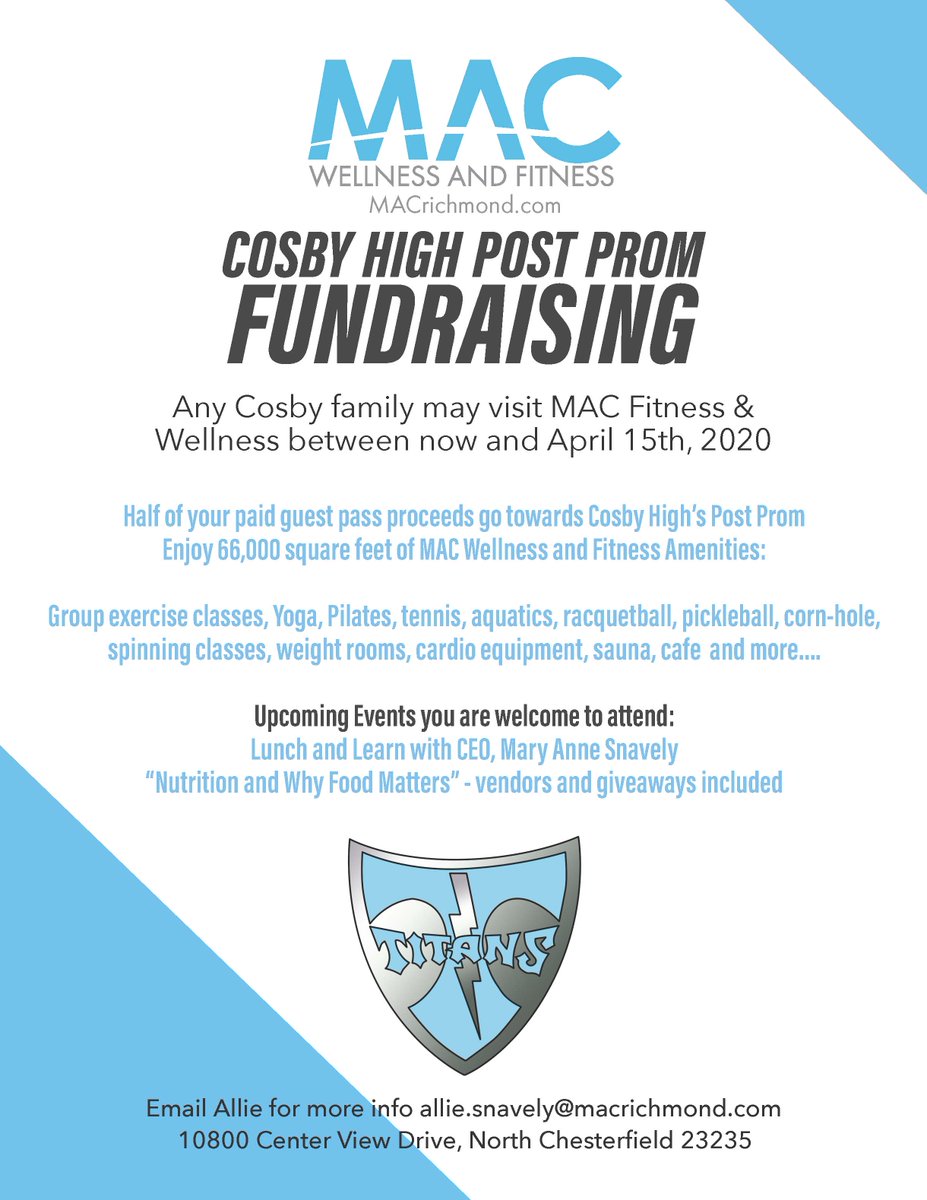 CosbyPTSO's tweet photo. Any Cosby family may visit MAC Fitness &amp; Wellness between now and April 15th, 2020 to have half of our paid guest pass proceeds go towards Cosby High’s Post Prom!!!! This is huge! Stop by today. https://t.co/4rpPo4VPrL