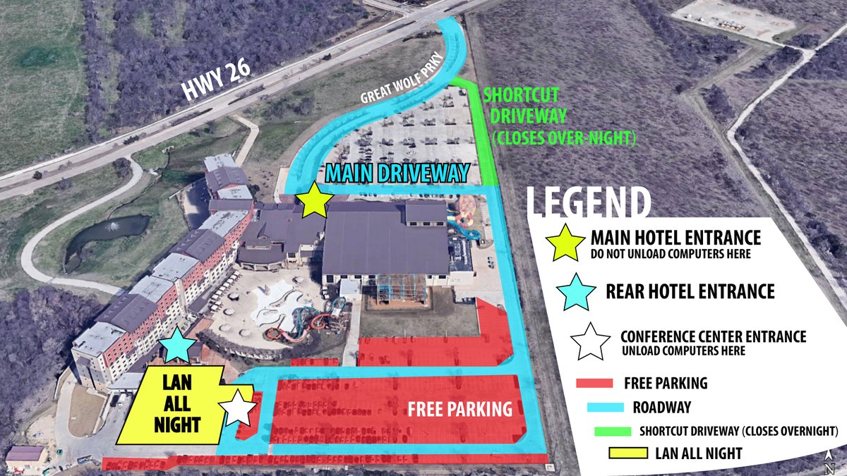 LANallNight's tweet photo. LAN all NIGHT Parking and Driving Info at the Great Wolf Lodge. Know where you're going! https://t.co/zbGHtBKOJB #LANallNIGHT #LANfest #fanguru #lanparty #intel #greatwolf #grapevine #videogames #pcgaming @JoinLANFest @intel @GAMDIAS @GreatWolfLodge https://t.co/hQzhyKsMl1