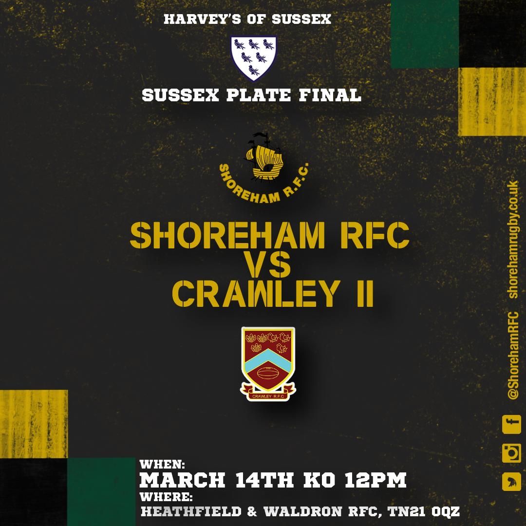 Save the date! On Sat 14 March our Seniors Team face <a href="/CrawleyRugby/">Crawley RFC</a> 2s in <a href="/Harveys1790/">Harvey's Brewery</a> Sussex Plate at <a href="/HWRFC/">H&WRFC</a> with a 12pm kickoff.  It would be fantastic to get as many supporters to the game to cheer on the lads #shorehamrugby #shoreham #shorehambysea #rugby #sussexrugby #crawley