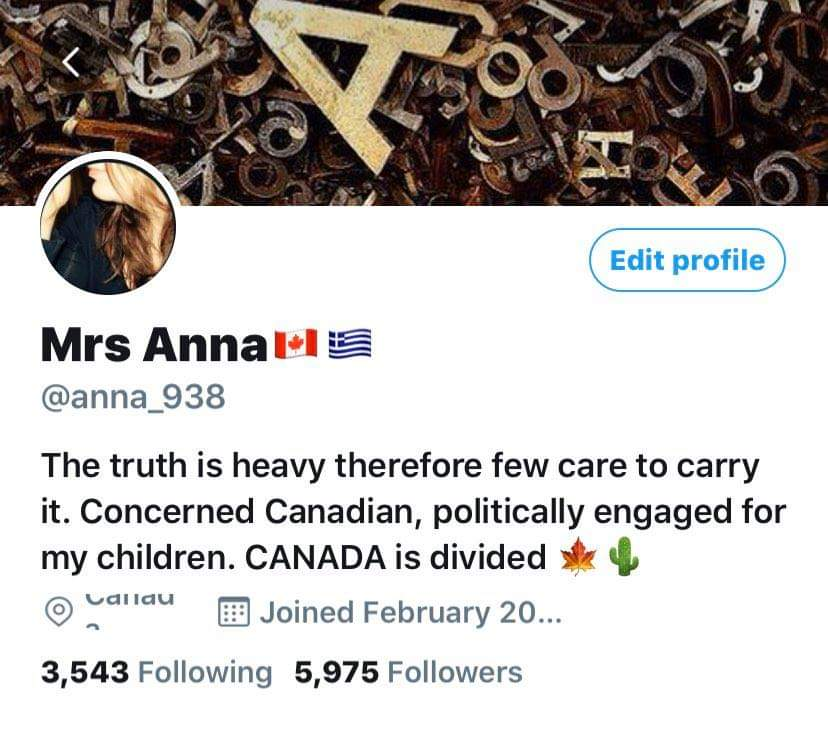 Evenings_Star's tweet photo. Our great Canadian patriot Anna got suspended today.
FYI. https://t.co/6Z6hUTm5Dw