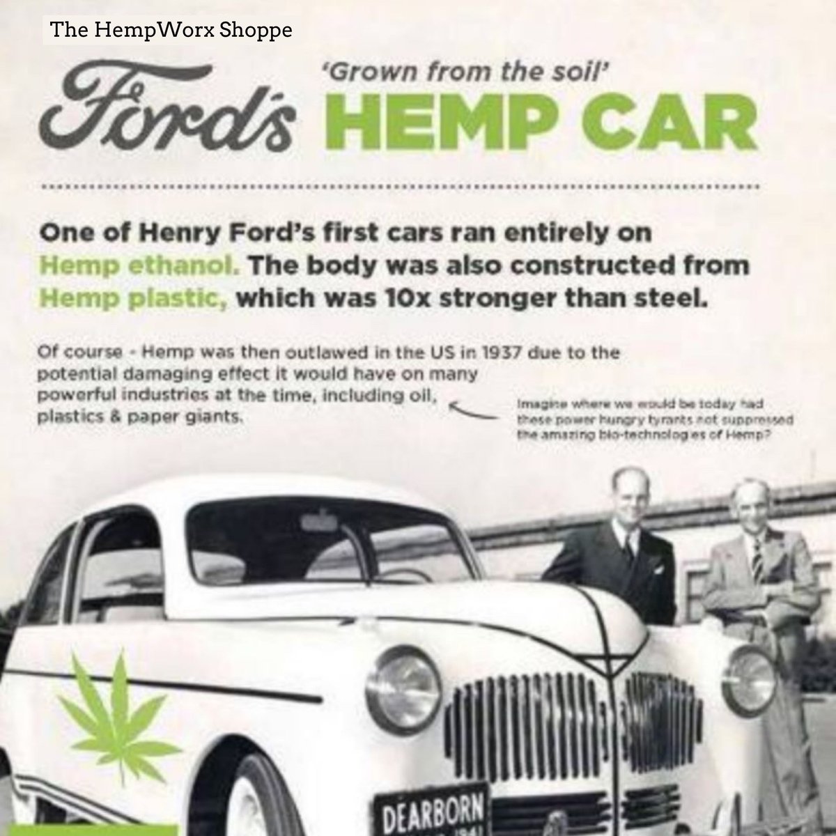 TheCbdHangOut's tweet photo. Henry Ford’s Model T was made out of hemp plastic, whose impact strength was 10 times safer than steel. The car was also to run on hemp fuel and Ford proudly called it “The car grown from the soil.”🌱 #amazingcars #coolcars #entrepreneurs #thecbdhangout #thehempworxshoppe https://t.co/CTSchmLjze