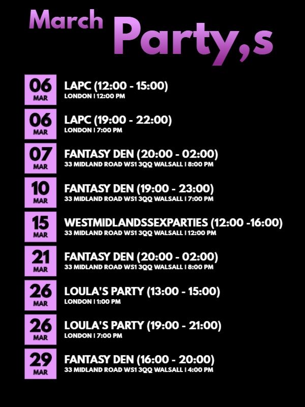 My partie's calender for March 2020

@thefantasyden18 
<a href="/LAPCparties/">London Adult Party Club</a>
<a href="/partie_s/">West-Midlands Sex Parties</a> 
<a href="/loulasbeauties/">Loula’s Beauties</a>
<a href="/foxy_roxy2018/">miss biscuit</a>