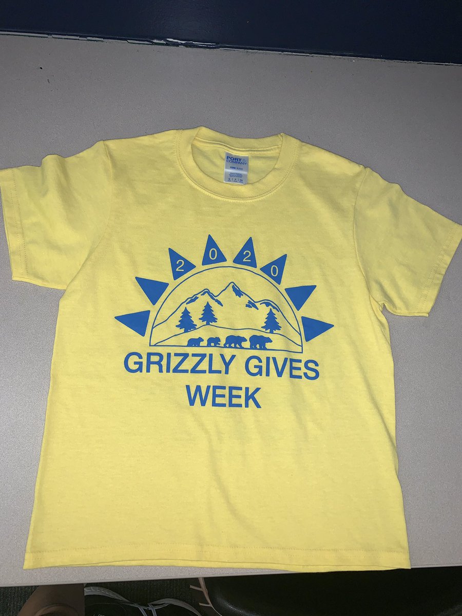 Drop on by before school, lunches, or access to buy your Grizzly Gives Week T-shirt! We all need to be wearing them for the big assembly on Friday! $15 each! 💙💛🐻🎉👕 💙💛🐻🎉👕 💙💛🐻🎉👕