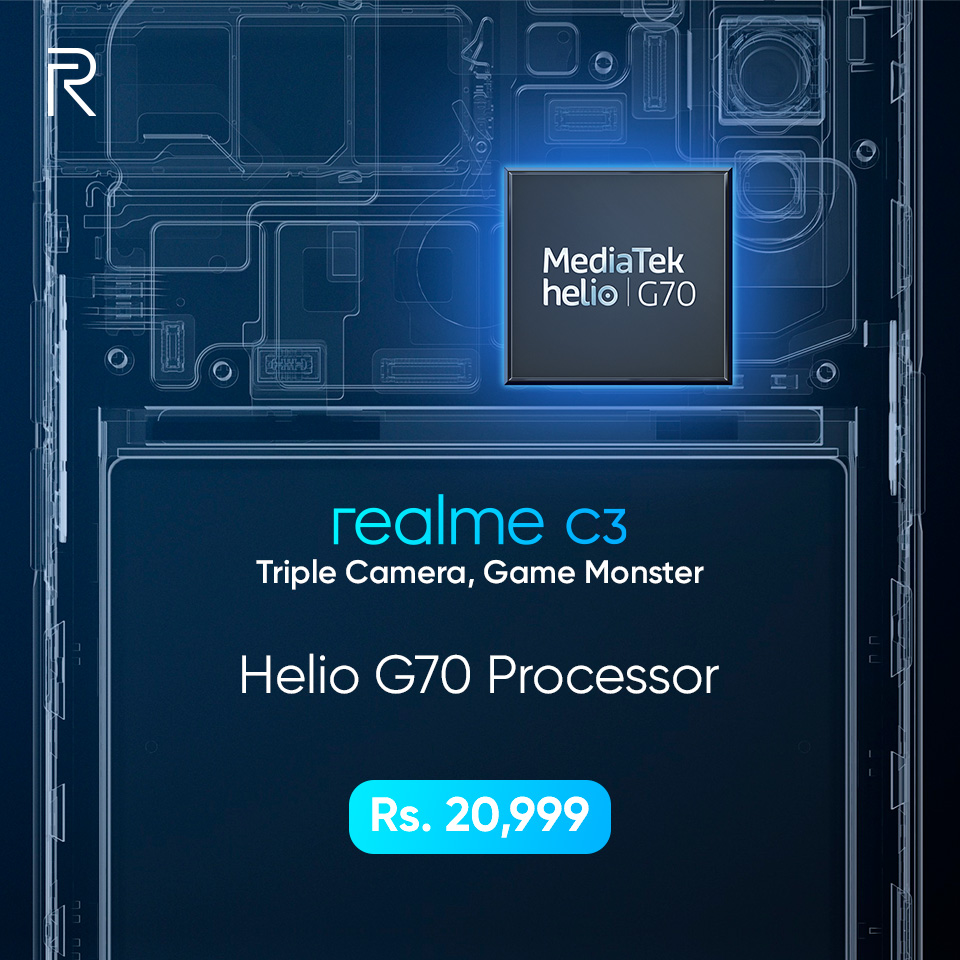 pakistan_realme's tweet photo. The new #G70Processor of #realmeC3 boosting up your game like never before. A better and upgraded gaming experience. Available now at your nearest markets in two colors Blazing Red and Frozen Blue. For Rs. 20,999 only. #TripleCameraGameMonster #realme #DareToLeap https://t.co/HNsO20JuMI