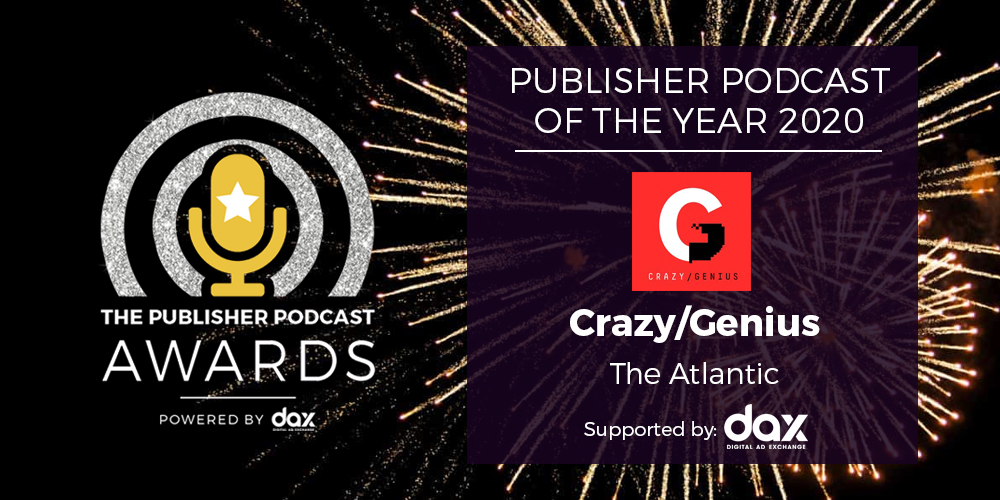 pubpodawards's tweet photo. And now for Publisher Podcast of the Year 2020, chosen by the @mediavoicespod team from the category winners. This podcast will be taking home an amazing package from @thisisdax. Congratulations Crazy/Genius by @TheAtlantic! #pubpodawards https://t.co/vIPrSIglb7