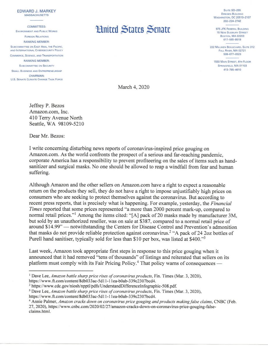 SenMarkey's tweet photo. There are reports of massive mark-ups for products such as hand sanitizer and face masks on https://t.co/gbGcuZeJrP. No one should be allowed to reap a windfall from fear and human suffering. I’m calling on Amazon to stop and prevent coronavirus-inspired price gouging. https://t.co/gE1Xoj9sgh
