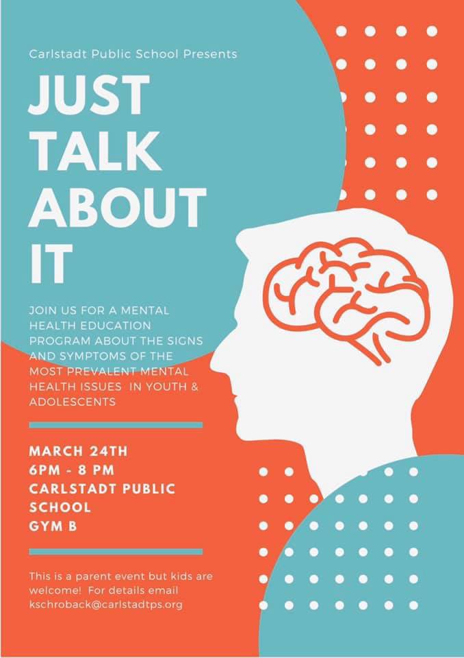 ClassEvans's tweet photo. Please join us for a mental health education program to learn about mental health issues with adolescents. #carlstadtpublicschool #stigmafree https://t.co/gW7McvEKFH