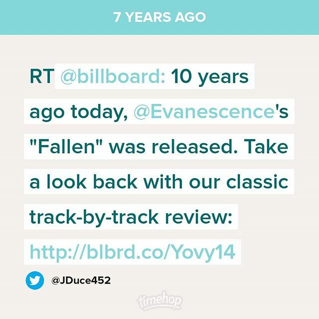 JDuce452's tweet photo. Wow it's been 17 years since @evanescenceofficial released #Fallen which is still the best album of the 2000s decade 
Thanks @timehop and @billboard https://t.co/50WP96IYip https://t.co/mcIM4faImg