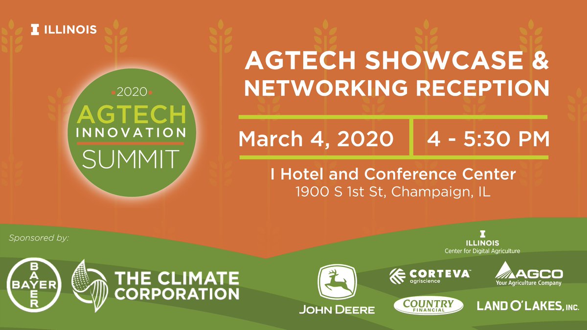 ACESIllinois's tweet photo. Don't forget this evening's free AgTech Showcase and Networking Reception after the #AGTECH20 Summit at iHotel. The showcase is an excellent opportunity to see first-hand how technology is affecting the agricultural industry. https://t.co/nF2hTyt8Hl