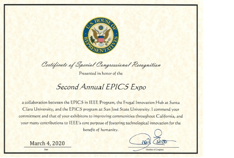 MostafaMorteza3's tweet image. Congresswoman Ann Eshoo presented a Special Congressional Recognition for the IEEE Second Annual EPICS Expo, a collaboration between @EPICSinIEEE, Frugal Innovation Hub at SCU and @SJSU_EPICS. #SJSU #SJSUAlumni #SJSUEngineering  #IEEEEpics #IEEEEAB #IEEEFoundation #AnnaEshoo