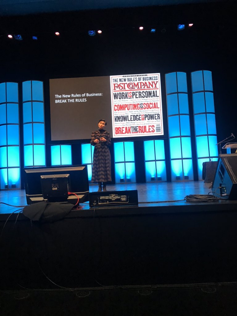 hollyprather's tweet photo. Stephanie Mehta from @FastCompany talking about Breaking the Rules - this is what humans bring to the table - tech/AI follows the rules #bestsummit https://t.co/fwyMXBTa9k