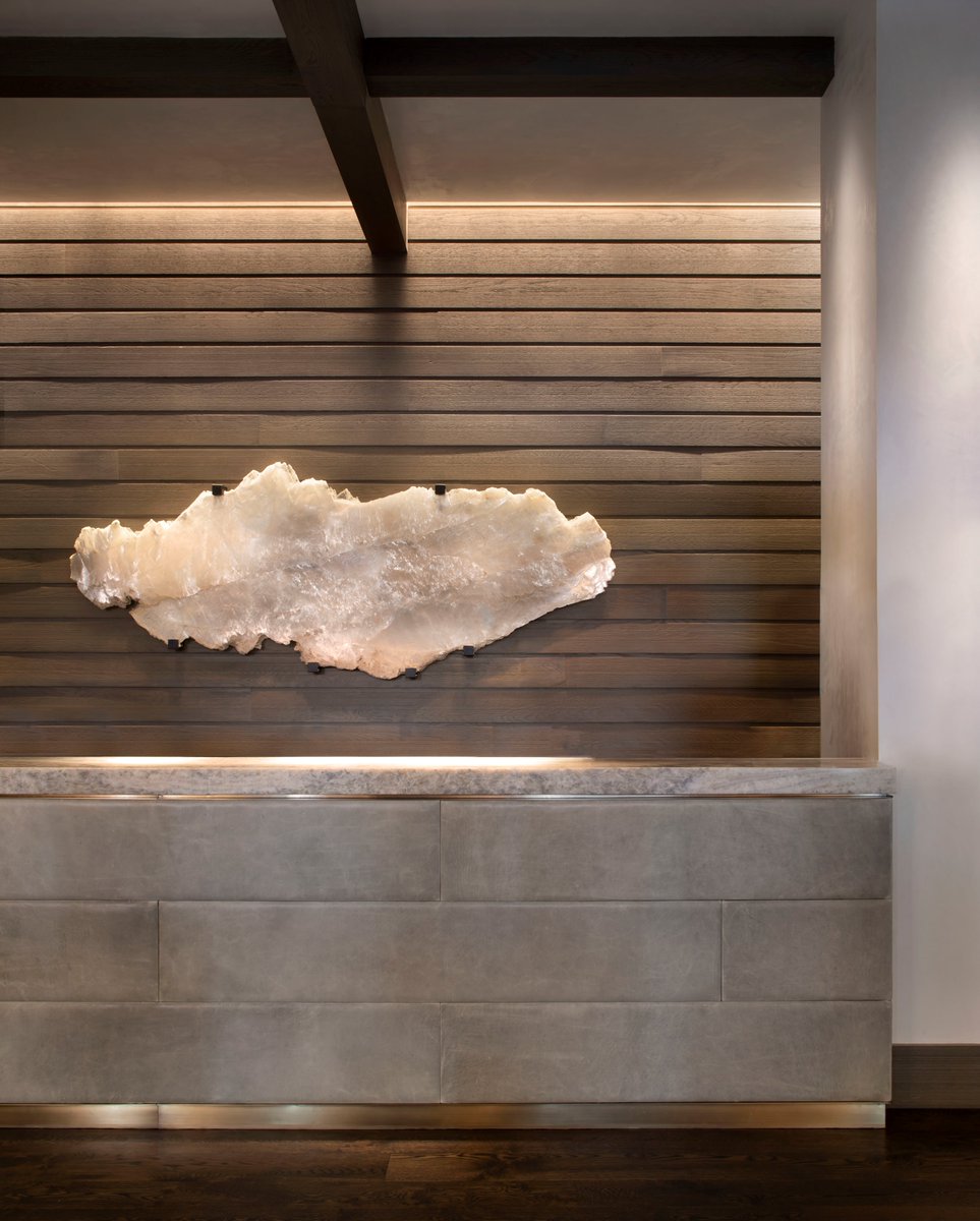BHDStudios's tweet photo. #WellnessWednesday: As part of the art program for the spa at the Yellowstone Club, we suspended slabs of stone with graphic veining, in lieu of photography or paintings. https://t.co/OjoHfB49Hi