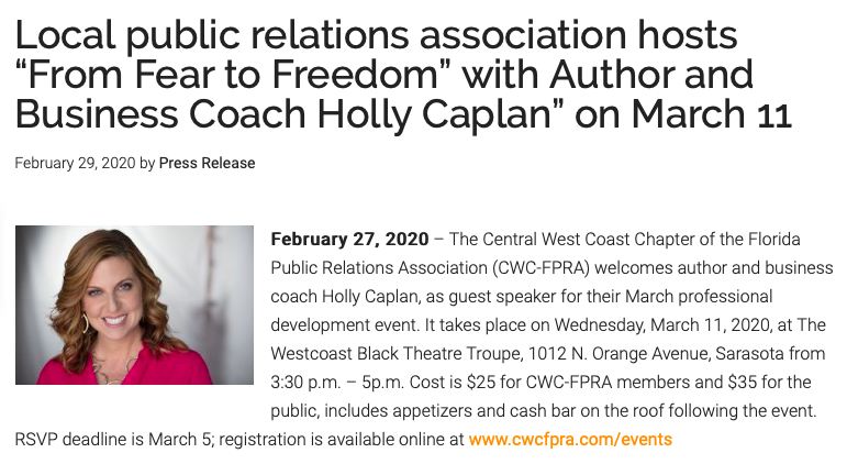 hollymcaplan's tweet photo. I'm looking forward to speaking to the Central West Coast Chapter of the FPRA next Wednesday afternoon in Sarasota!
The topic: 6 Steps To Go From Fear to Freedom!
https://t.co/Uh81i1fvco

#fear #midlife #confidencecoach #entrepreneurcoach #hollycaplan #confidencebuilding https://t.co/K6TQSCIpkq