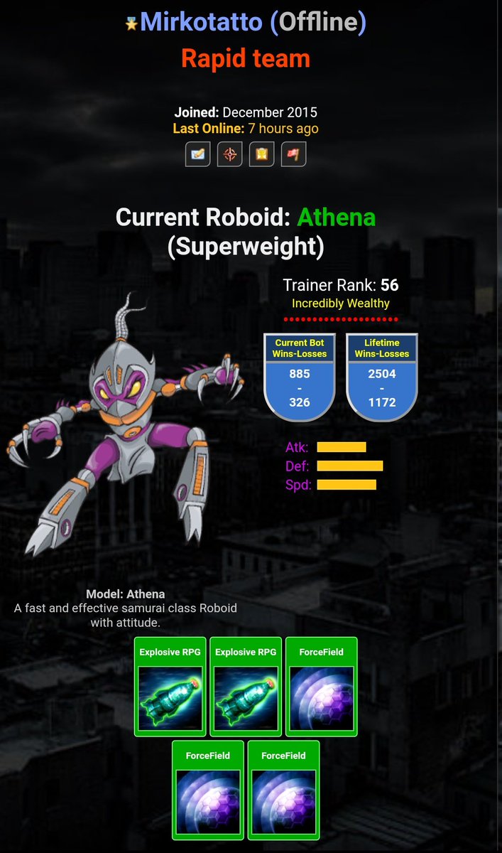 Congrats to Roboid's 2nd SuperWeight Champ!

~ Mirkotatto ~

Has 750+ wins &amp; defeated reigning champ AdaSilver to be the 2nd player ever to claim the SuperWeight title!

Well done &amp; thanks for playing!

#roboid #textgames #pbbg