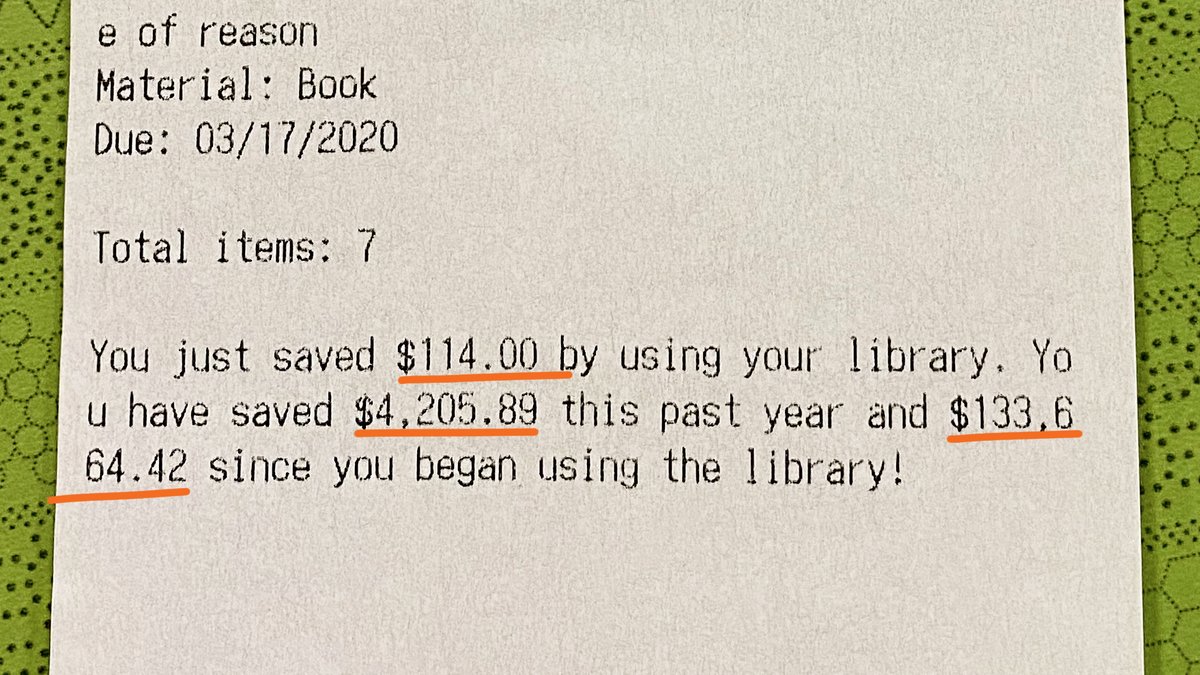 OCPL_CNY's tweet photo. Look at your receipt next time you check things out from your local library! You may be surprised by how much you've saved over the years 💲😉 #LibraryLife https://t.co/tbQAdYICCT