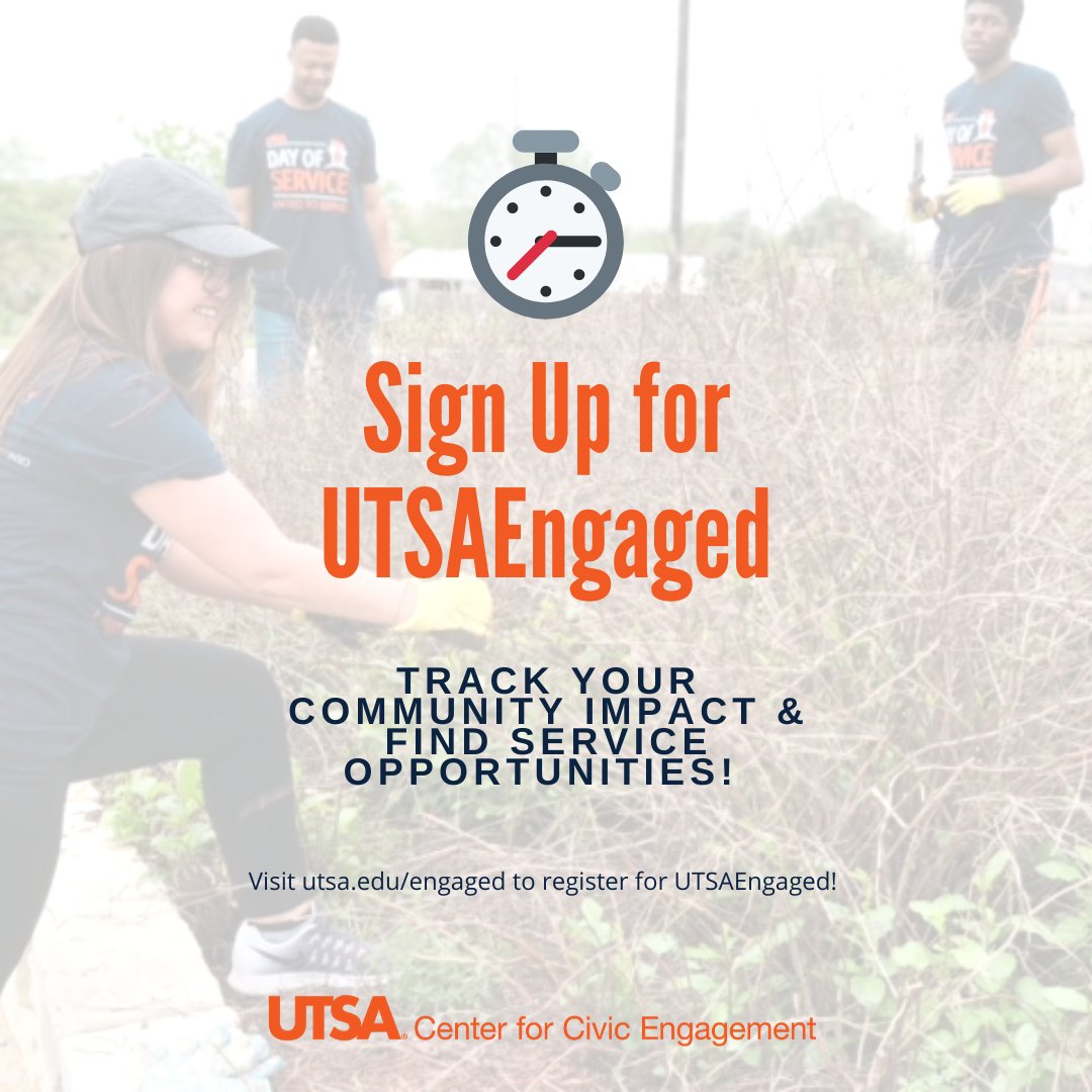 UTSAengaged's tweet photo. UTSA Day of Service is coming up! Make sure to sign up and check out the service opportunities posted, and keep track of your service hours! ⏰
.
.
.
#UTSA #UTSAEngaged #GivePulse #UTSADayofService #RowdyImpact https://t.co/HBeWoBqkXc
