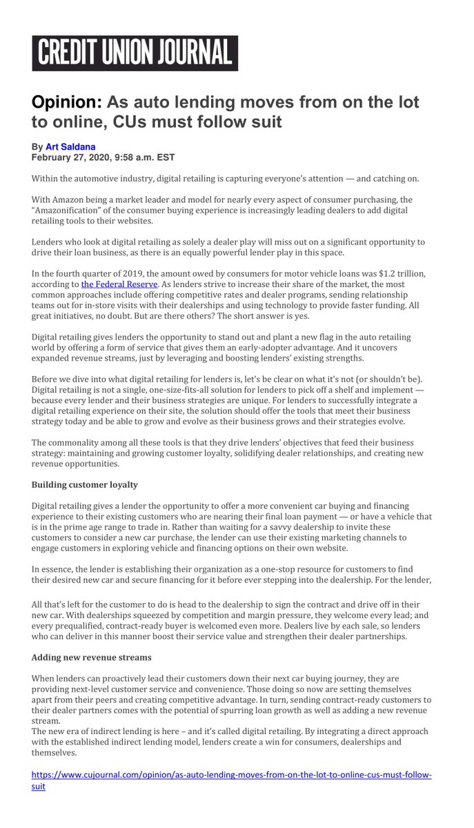 truPayments's tweet photo. As auto lending moves from on the lot to online, CUs must follow suit: https://t.co/Ek7MRG9gkN https://t.co/jXX9M13U0I