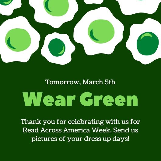 WesterLISD's tweet photo. 💚Green Eggs & Ham Thursday💚
🍀Wear all types of green tomorrow, March 5th, to celebrate #ReadAcrossAmerica! #WeAreLubbockISD #CampWester https://t.co/bB1ejvjmPB