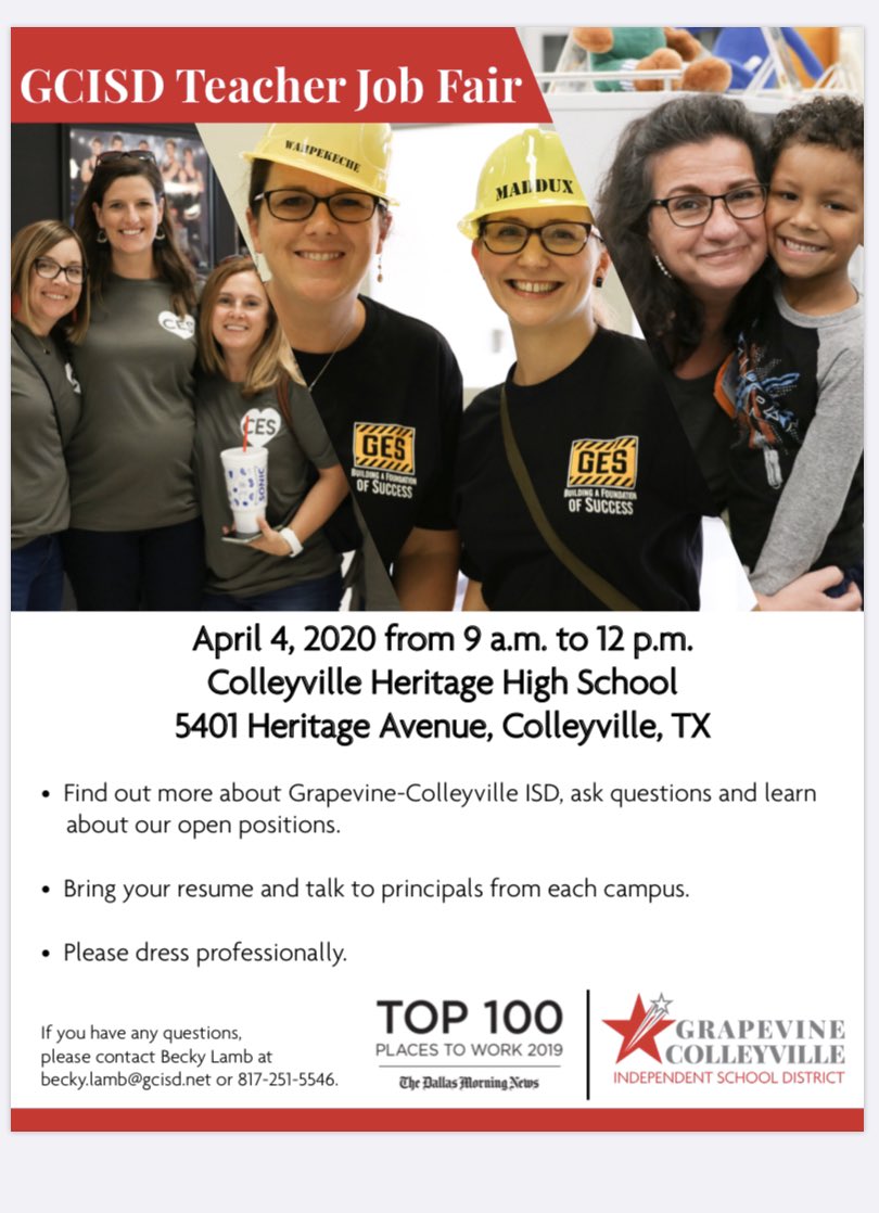 If you or someone you know is interested in teaching in Grapevine Colleyville, please share our Job Fair Flyer! #gcisd <a href="/PeopleofGCISD/">People of GCISD</a>