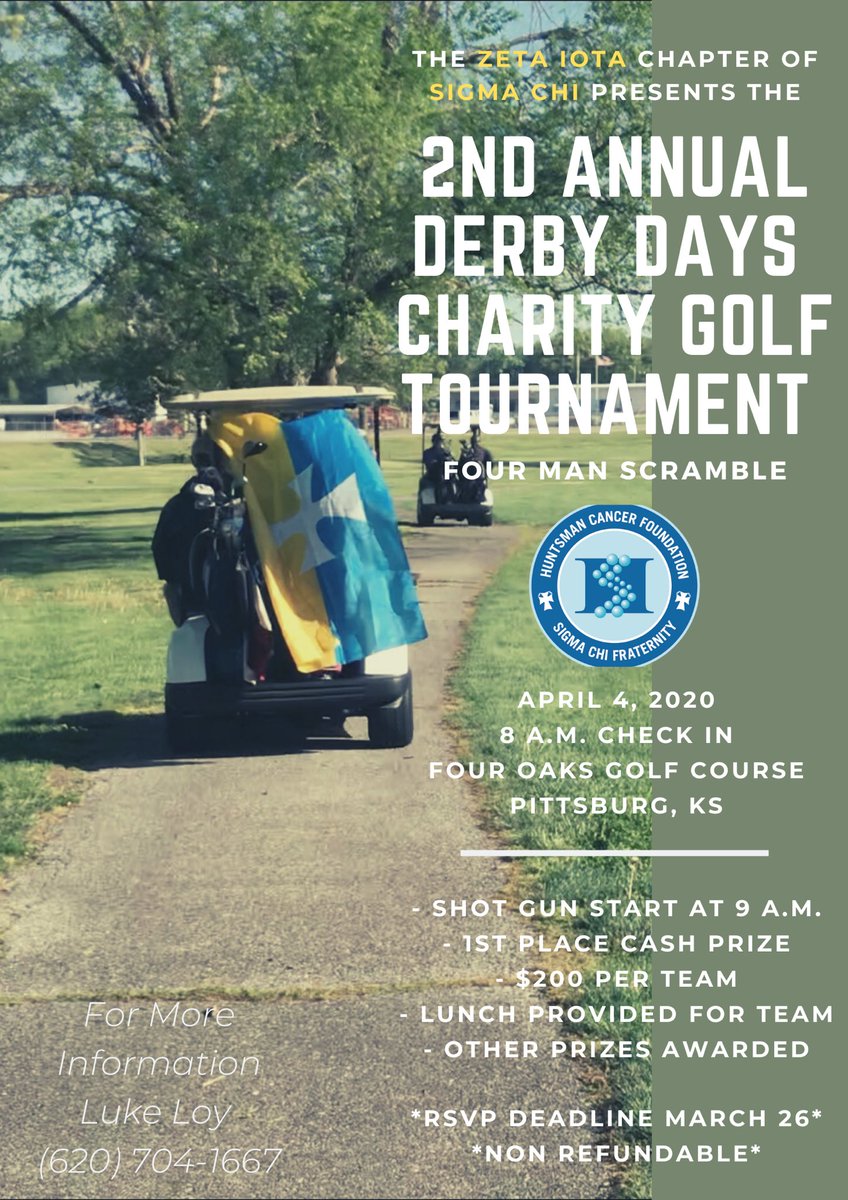 PittStateSigs's tweet photo. We’re exactly 1 month away from our 2nd Annual Derby Days Charity Golf Tournament! If you’re interested in making a team please feel free to contact us for more info! Teams need to be registered by March 26th to either Luke Loy at (620) 704-1667 or Dylan Gordon at (316) 303-4091 https://t.co/nrBVR62tSa