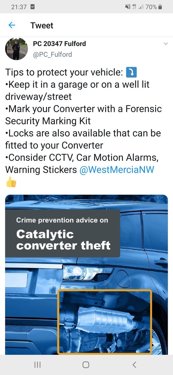 PC_Fulford's tweet photo. #LateShift 2pm/Midnight #6thIncident #999Call 📞 21:00 Hours, Reports of #TheftFromMotorVehicle in #Redditch off #AldersDrive. Arrived within 5 minutes 🚔 #CatalyticConverterTheft..#AreaSearch completed & #NoTrace Another Officer Investigating now 👍 Tips to help below ⤵️⤵️⤵️ https://t.co/rae0HvyGXf
