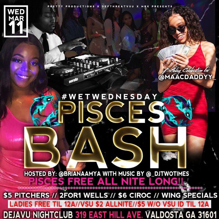 dejaanycole's tweet photo. 8 days and counting until the BIGGEST PISCES BASH โ๏ธโผ๏ธ
LADIES FREE TILL 12
VSU $2 ALL NITE โ
DRINK SPECIALS GOING CRAZY ๐
#PiscesBash
Hosted by : @PrettyProd @DEFT_TH https://t.co/QQjlwZB1EW