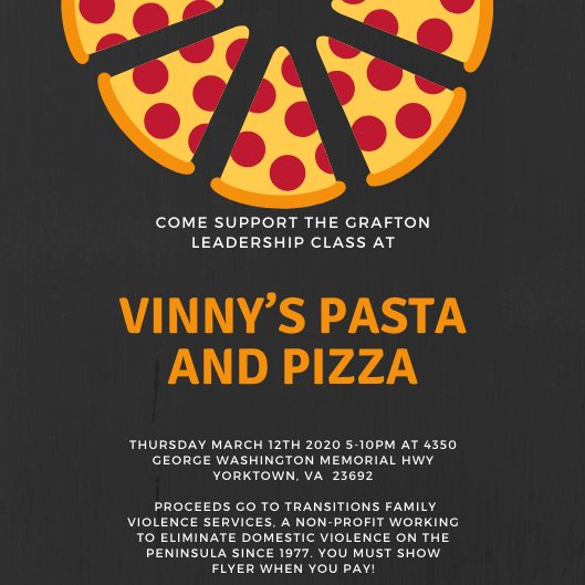 20GHSLeadership's tweet photo. Did someone say PIZZA!? Come eat at Vinny’s next Thursday and support the Leadership class! Proceeds go to Transitions Family Violence Services! Make sure to show the flyer🍕🍕🍕 https://t.co/kSll3JBuuw
