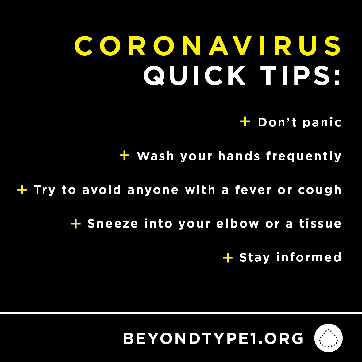 BeyondType1's tweet photo. There are a lot of questions about what coronavirus means for the diabetes community. It’s important to not panic + share these tips to keep you, your family, and community informed.

For a breakdown of what with T1D should know about the Coronavirus 👀👇https://t.co/I4SRQcjKQm https://t.co/vVlCJn1zsw