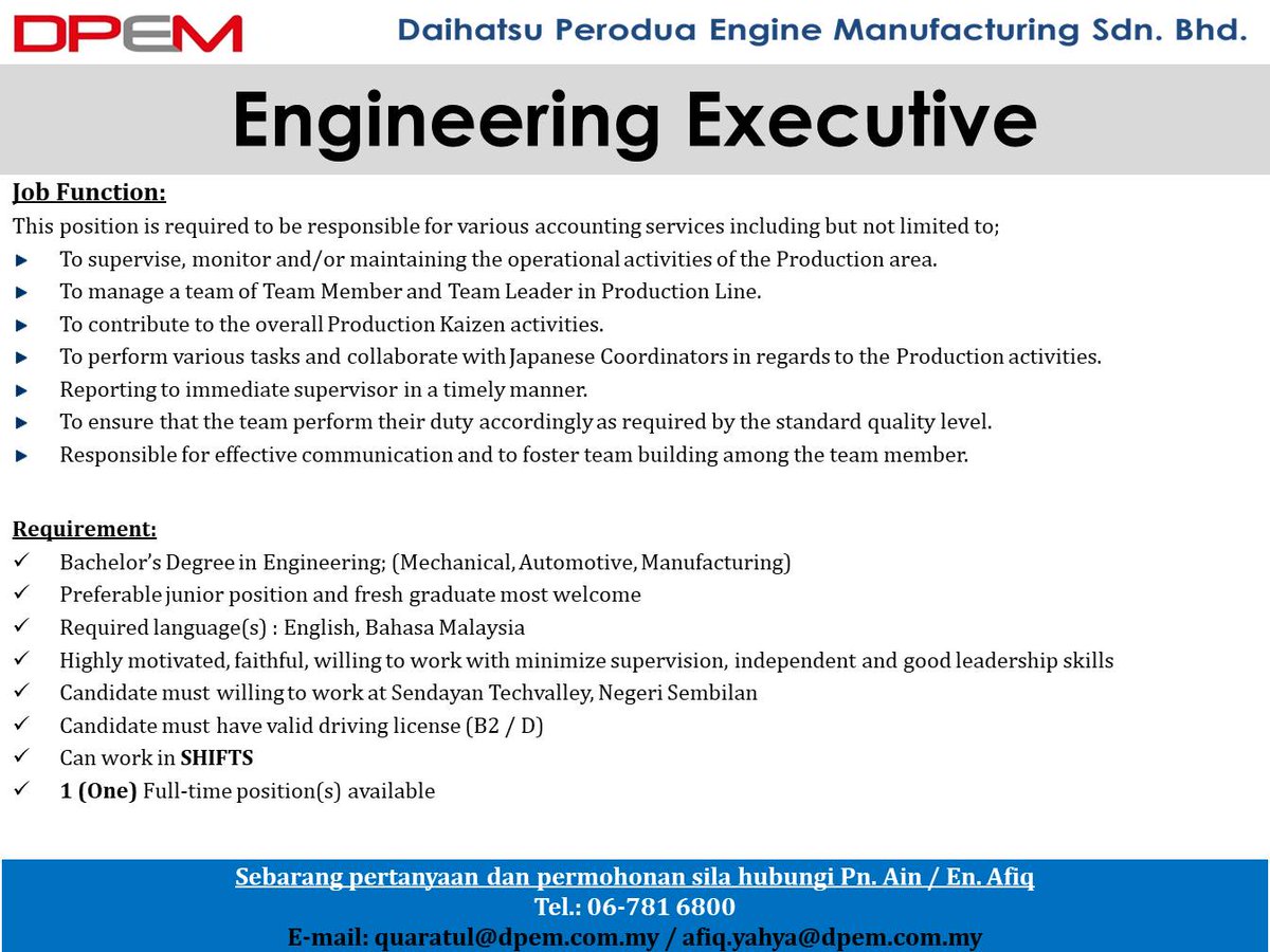 jobsmalaysians's tweet photo. Kekosongan Eksekutif Akaun di Daihatsu Perodua Engine Manufacturing, Sendayan! https://t.co/9kiVZ69FgZ