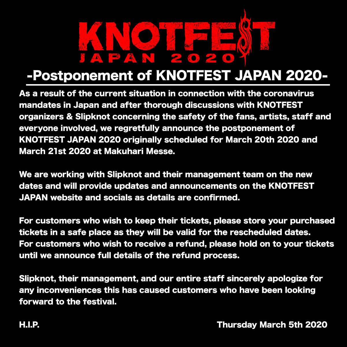 KNOTFEST JAPAN 2020 開催延期のお知らせ
knotfestjapan.com