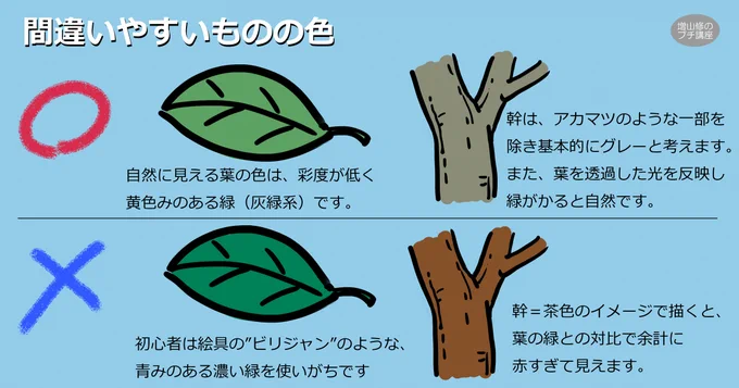 【間違えやすいものの色】
自然物は絵具の色よりくすんでいるものが多いです。(あえて固定観念の色で描くことで、子供っぽさやイラストテイストを出すこともあります)
#背景美術 #描き方 