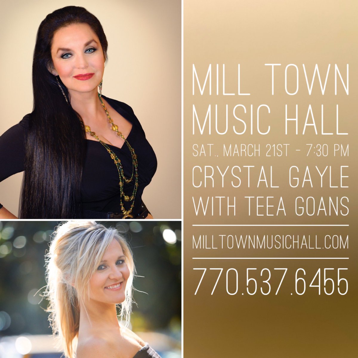 teeagoansmusic's tweet photo. So ready to head back to the Mill Town Music Hall in Bremen, GA!! Crystal Gayle and I will be there on March 21st! Come see us and #SupportTraditionalCountry! https://t.co/w7pRIVW0mL