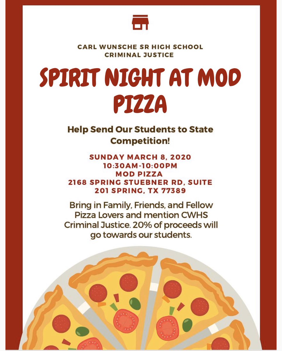 Also a reminder, our spirit night at MOD pizza is also this Sunday. Remember to mention Carl Wunsche Criminal Justice at the register so we can receive 20% of the proceeds. Spread the word!