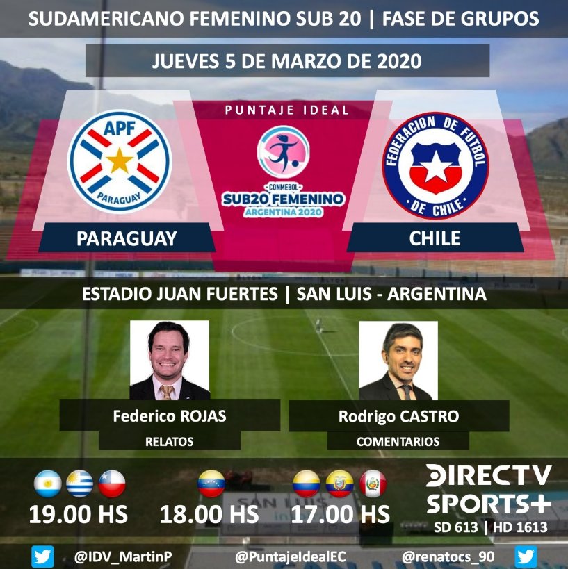 PuntajeIdealEC's tweet photo. ⚽ #SudamericanoSub20 | 🇵🇾 @Albirroja vs. @LaRoja 🇨🇱
🎙 Relatos: @FDVENE 
🎙 Comentarios: @rodrigojcastro 
📺@DIRECTVSports + (613-1613 HD) Sudamérica
💻📱 #DIRECTVPlay y @DIRECTVGO
🤳🏿 #FutbolEnDIRECTV 
Dale RT 🔃 https://t.co/kR25FpJRmG