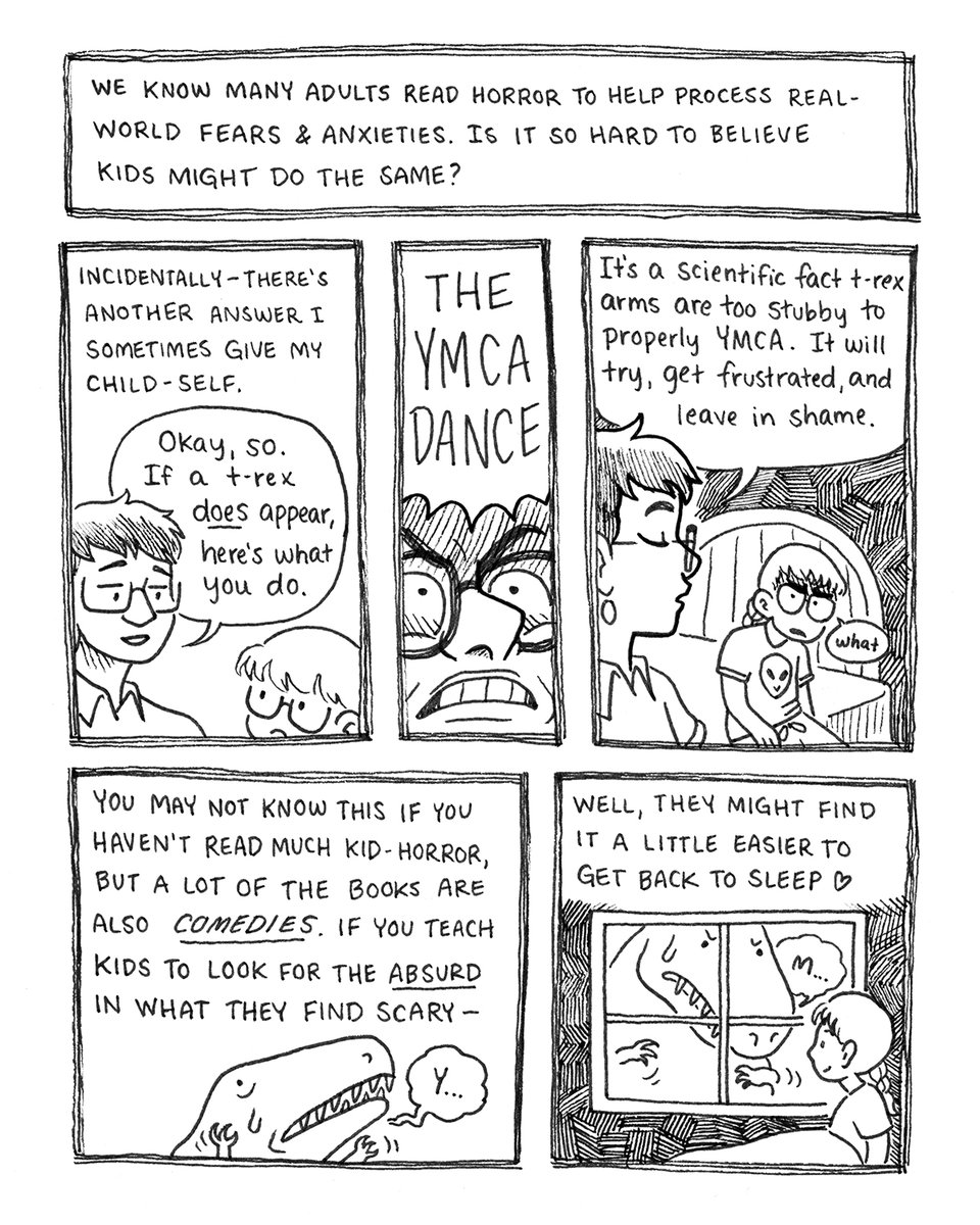 *pops open coffin lid*
Good eeeeeevening: I drew a quick little comic essay today about a topic near and dear to my heart -- horror for kids!

Or, "why some kids like to read books that scare them, and why you should let them"