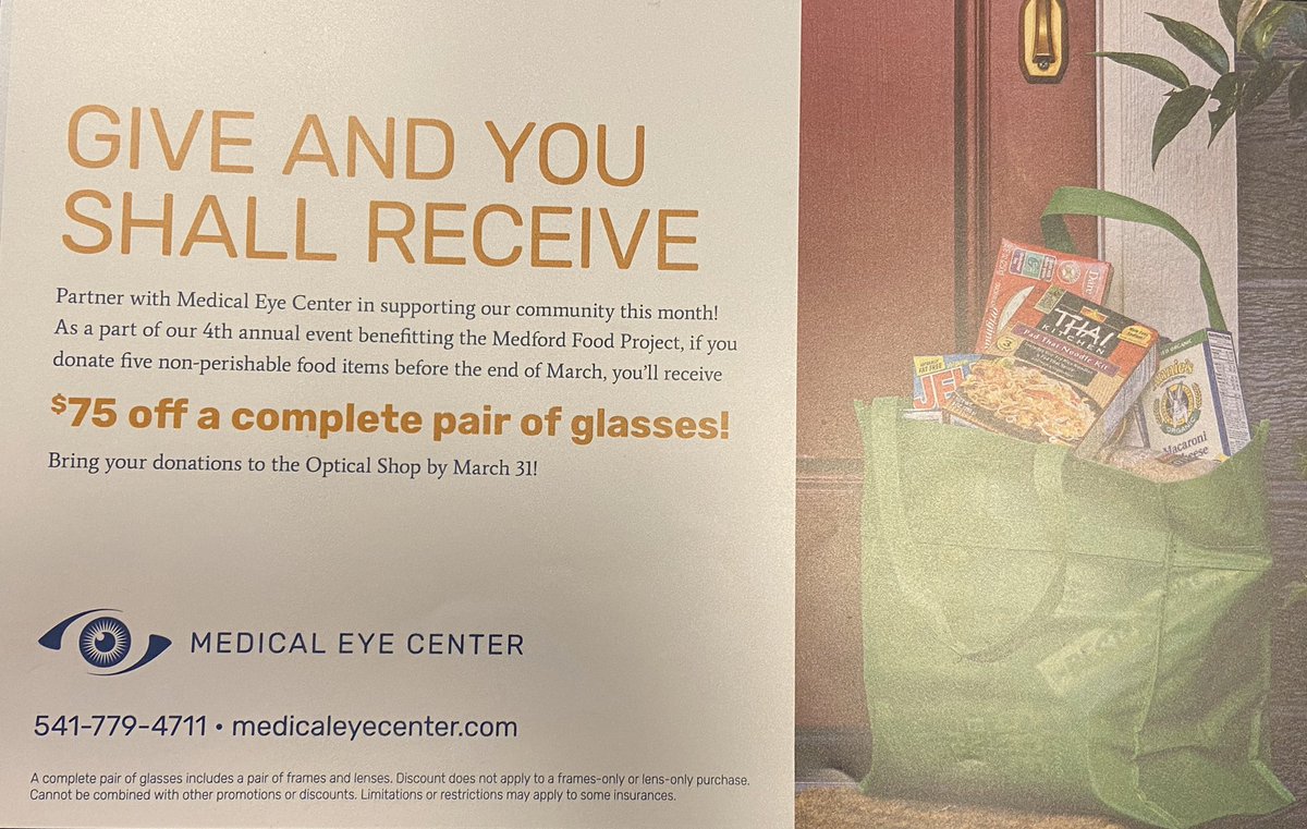 MedfordNFP's tweet photo. Thank you to the Medical Eye Center! 💚 #community #give #MFP #roguevalley #roguevalleyoregon #greenbag #food #kindness  #medford #onebagatatime #donations #benefit #eyecenter https://t.co/lX6xlhHLY9