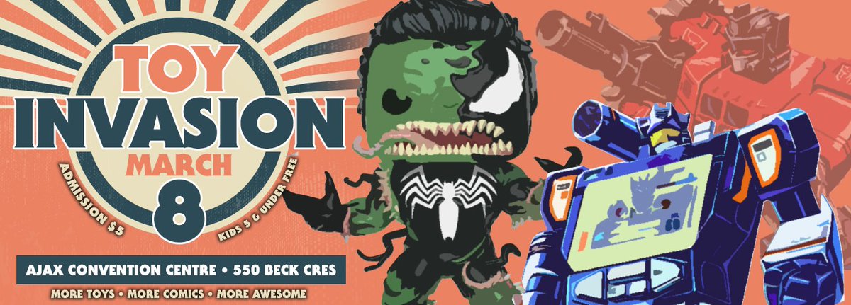 ToyForceCanada's tweet photo. TOY INVASION AJAX!
Ajax Convention Centre
550 Beck Cres, Ajax.

Doors open at 11am. Buy tickets right at the door.
Admission is only $5. Kids 5 and under are Free. https://t.co/OiPsyspPOI