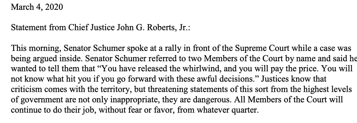 adamliptak's tweet photo. Chief Justice Roberts responds to Senator Schumer’s “threatening” statement about Justices Gorsuch and Kavanaugh https://t.co/rXgAocjDss