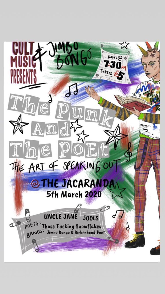 cultnetmusic's tweet photo. Tomorrow is the night!! Our first ever The Punk and The Poet night. Come all ye disenchanted and enjoy a night of sticking it to the man

Featuring live music from:
@uncle_jane 
@joolsbandjools 
@thosesnowflakes 

And poetry from:
Jimbo Bongo
Birkenhead Poet https://t.co/4ROGsJ9XCK