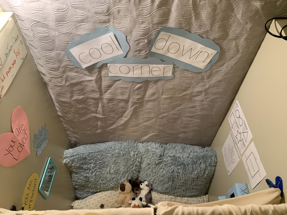 Students are loving the cool down corner where they can read about breathing exercises, positive self talk, write down their worries and utilize the sensory bottles and stress balls! Creating a small space for students to cool down doesn’t take much! <a href="/KnoxESKnights/">Knox ES Knights</a>