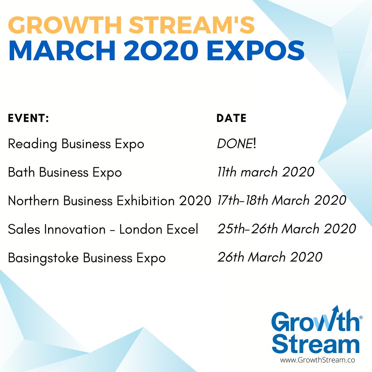 GrowthStream's tweet photo. REMINDER: Where are you based?

Growth Stream will be at the following expos, come and see how you can increase your sales figures without any additional spend on marketing!

#growthstream #sales #salesgrowth #saas #bdm #businessdevelopment #increasingsales #boostsales #expo #sdr https://t.co/Fb91zq7QWS