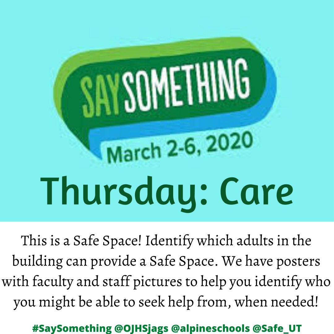OJHSjags's tweet image. Thursday is Safe Space Day for #SeeSomething Week! Identify the caring adults in our building that can be a Safe Place for you!
💚💚💚
#OJHStars #alpineschools @Safe_UT