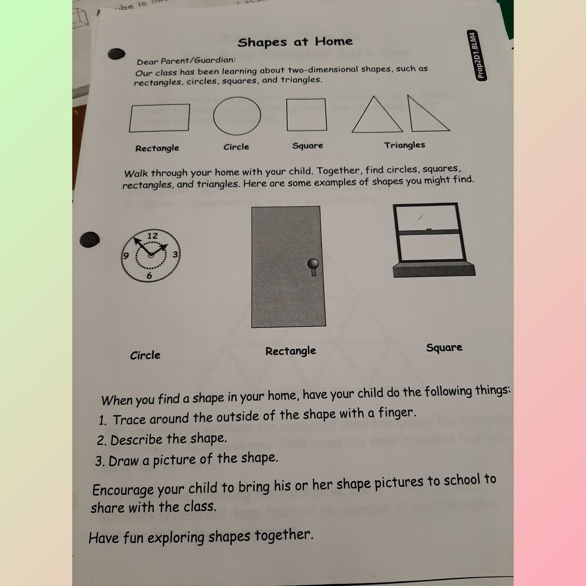 Gr1Flynn's tweet image. Try this at home tomorrow. We can share about your findings on Friday. @HolyRosaryM #WeAreHRM #mathwork #sharingshapes