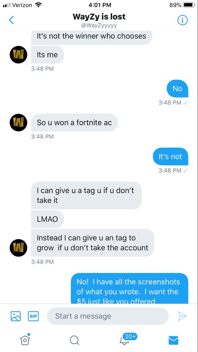 ScamAbolisher's tweet photo. @WayZyyyyy recently announced a speed giveaway of either $5 or a @FortniteGame acct, encouraging followers to comment what they want. @WayZyyyyy failed to mention that it doesn't matter what his followers choose, "It's not the winner who chooses." #RUB

 #WayZyyyyy #Fortnite 👁‍🗨 https://t.co/KEe6nOKJnL