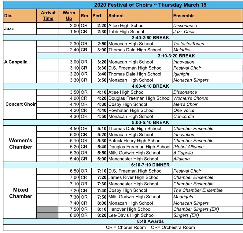 hhsmhsFOC's tweet photo. This is the official #FOC2020 schedule! Super excited to see all of these amazing group! https://t.co/FLaSqLHlqX