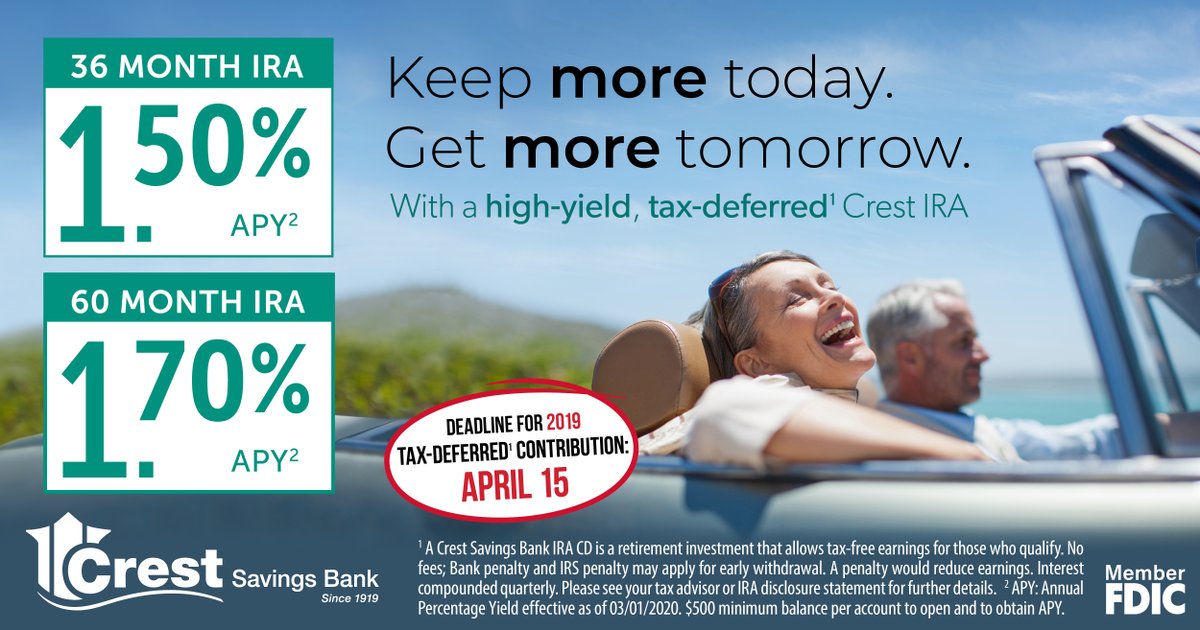 CrestSavings's tweet photo. Did you take advantage of your maximum allowable IRA contribution for 2019 yet?  Make sure you do so before the April 15th deadline! Find out more at https://t.co/UrKKIMdUat  #CrestSavings #taxseason #retirmentsavings #individualretirementaccount https://t.co/PSL76YA5Jk